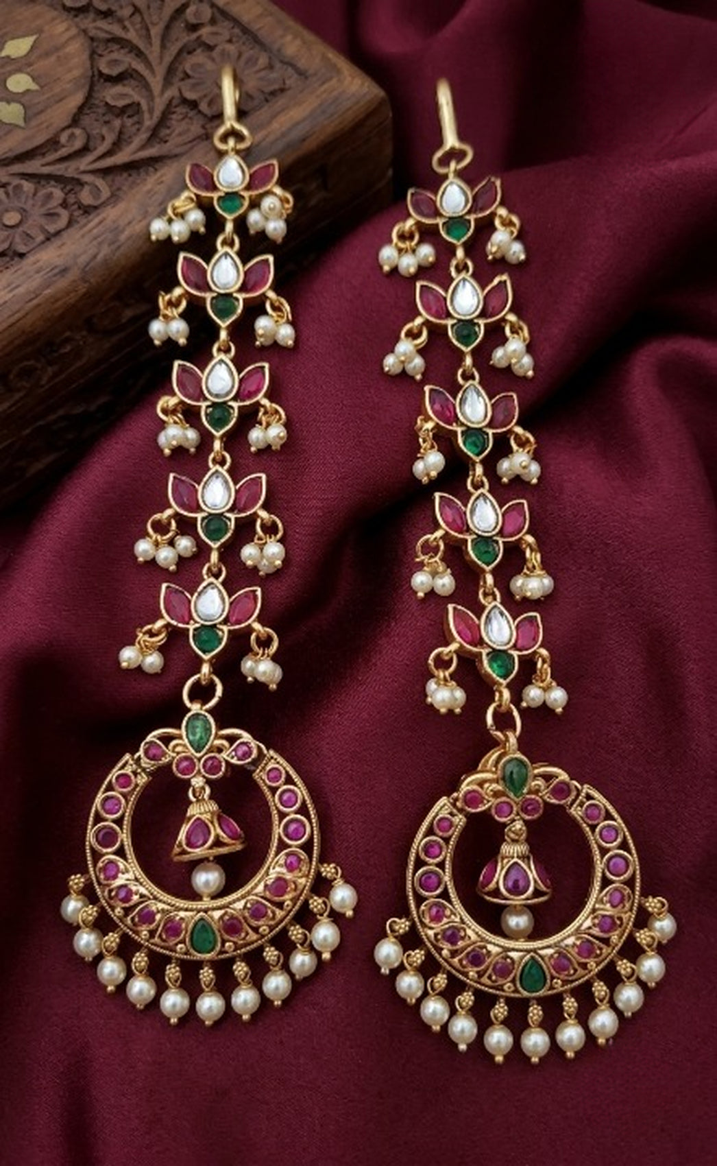 Jewel City Gold Kemp Earrings With Matal Chain For Temple & Bridal Wedding Earrings