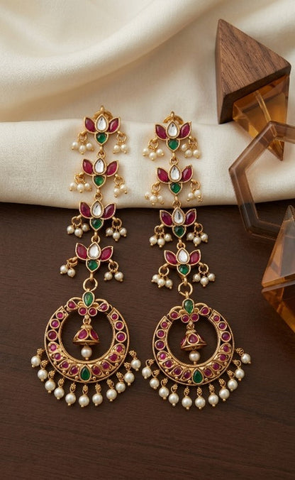 Jewel City Gold Kemp Earrings With Matal Chain For Temple & Bridal Wedding Earrings