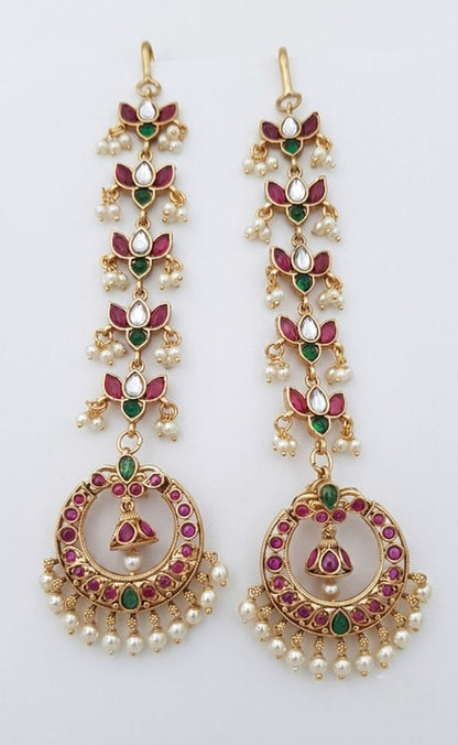Jewel City Gold Kemp Earrings With Matal Chain For Temple & Bridal Wedding Earrings