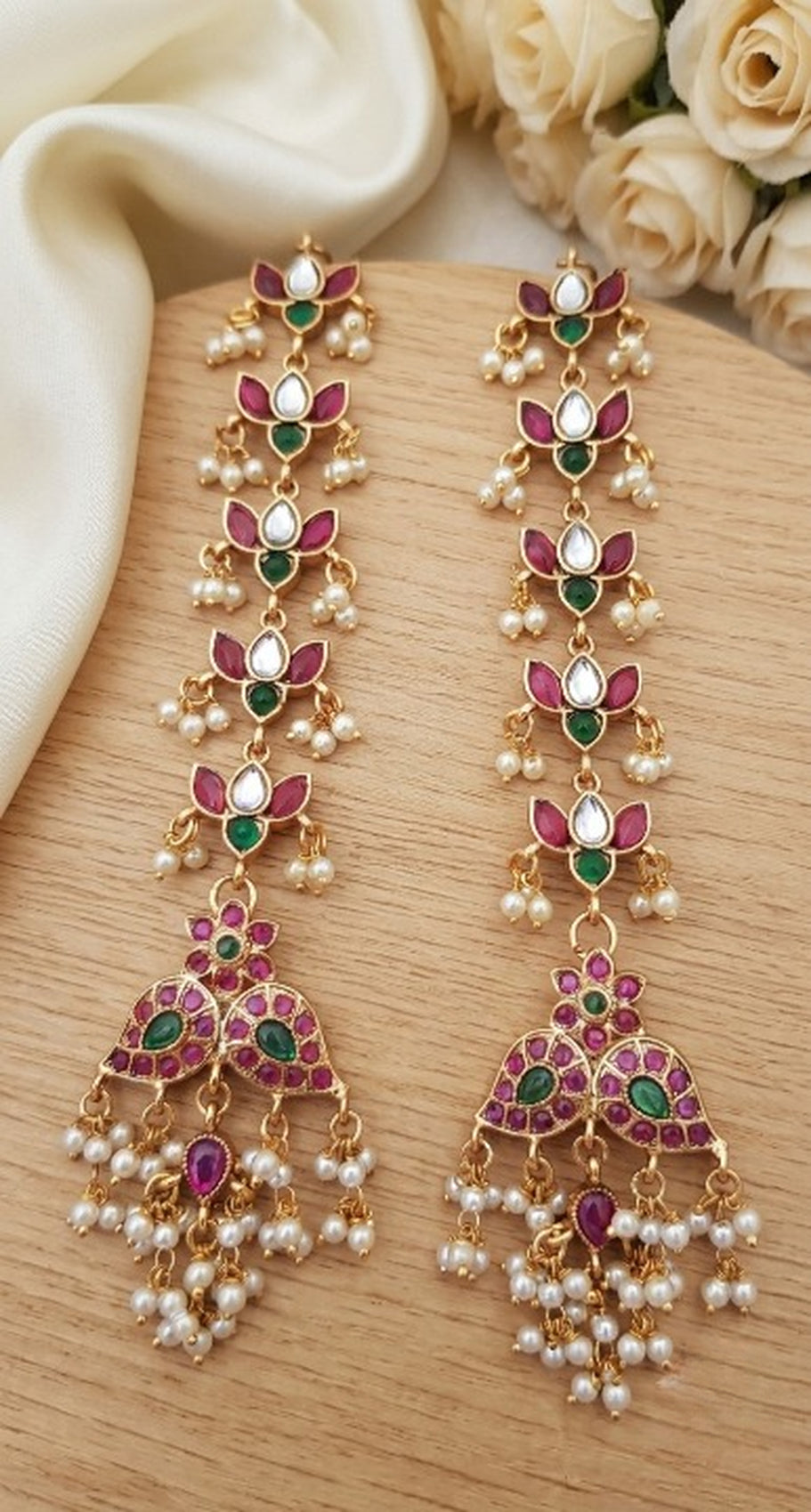 Jewel City Gold Kemp Earrings With Matal Chain, South Indian Temple Jewelry & Wedding Earrings