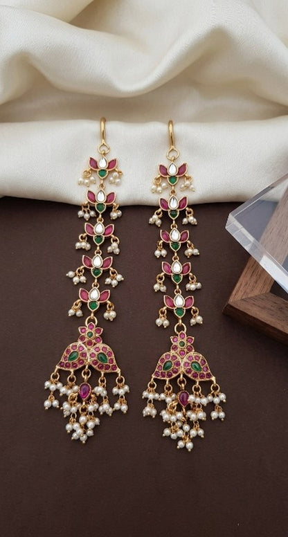 Jewel City Gold Kemp Earrings With Matal Chain, South Indian Temple Jewelry & Wedding Earrings