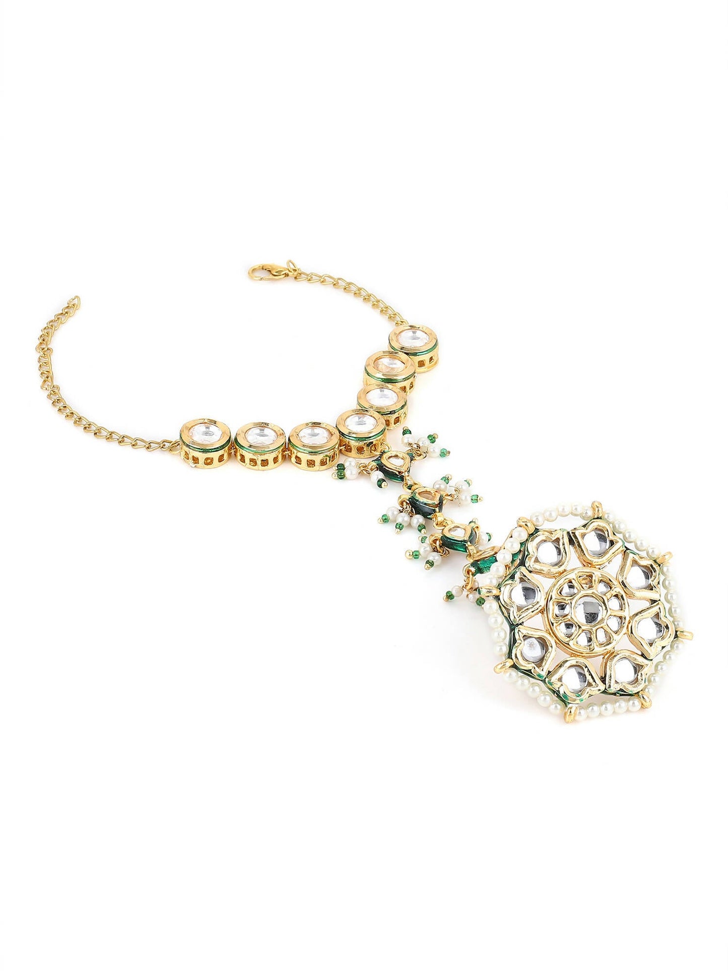 Women's Gold-Toned White Brass Kundan Gold-Polished Link Bracelet - Ruby Raang