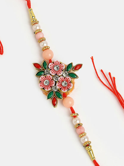 NVR Men Pink Floral Shape Stone-Studdded & Beaded Rakhi With Roli Chawal
