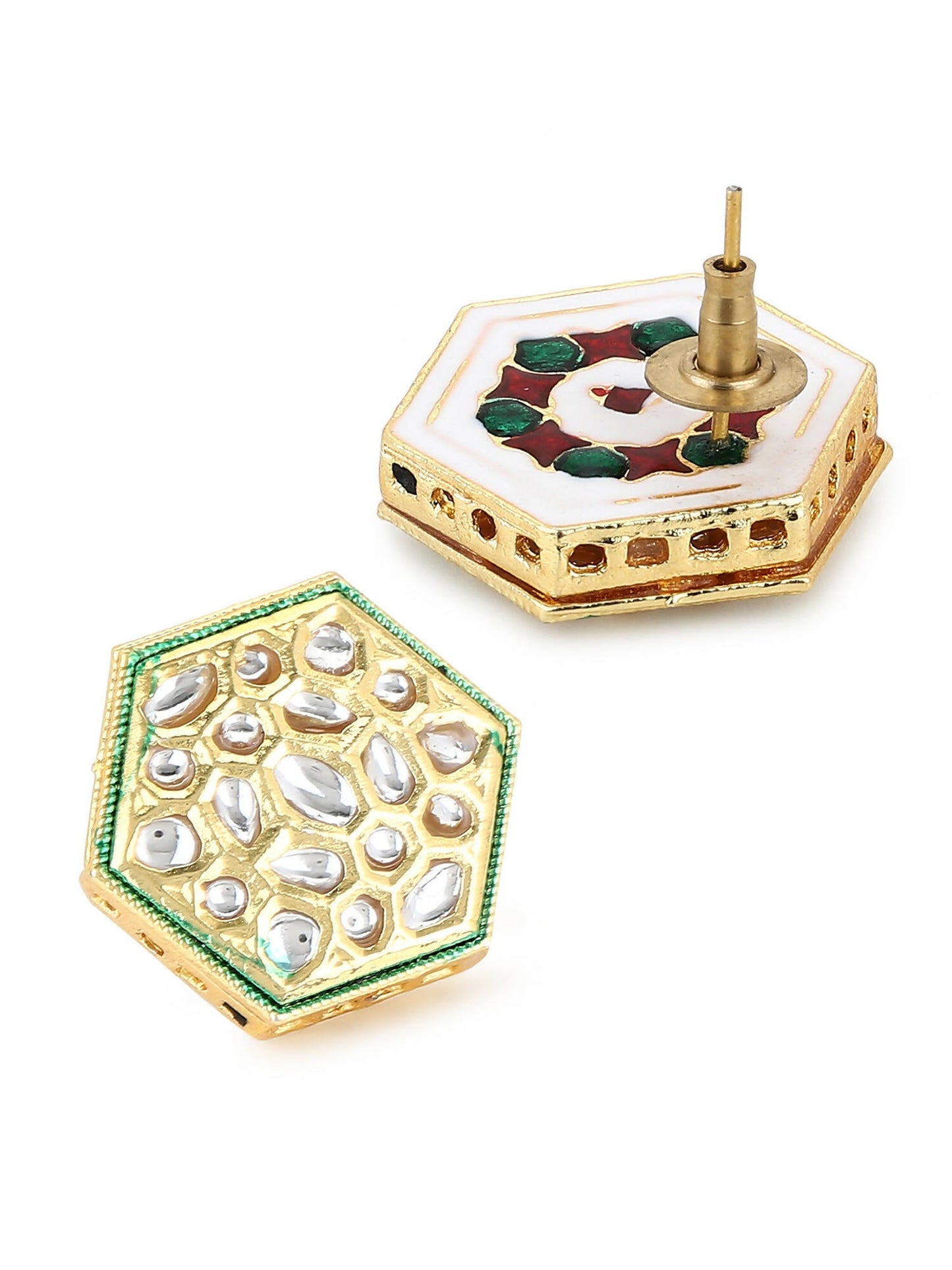 Gold-Toned White Kundan Contemporary Gold-Polished Studs Earrings - Ruby Raang