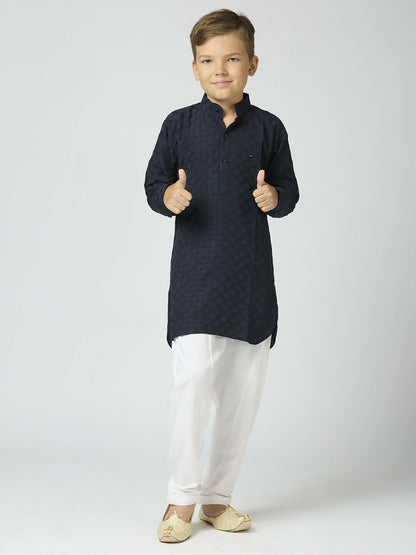 Joban Fashion Kids Island Full Sleeves Texture Cotton Kurta and Pyjama Set - Navy Blue