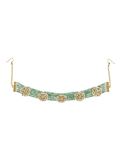 Gold-Polished Green Kundan Studded Headband - Ruby Raang
