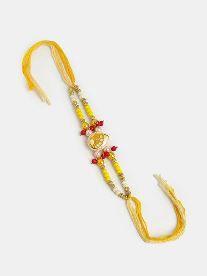 NVR Women & Men Set of 2 Yellow Peacock Design Bhaiya Bhabhi Rakhi With Roli Chawal & Chocolate