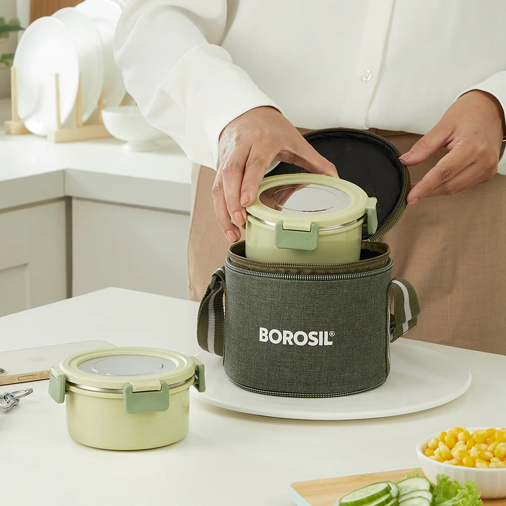 Borosil Glory Green Lunchbox Set of 2 Tall