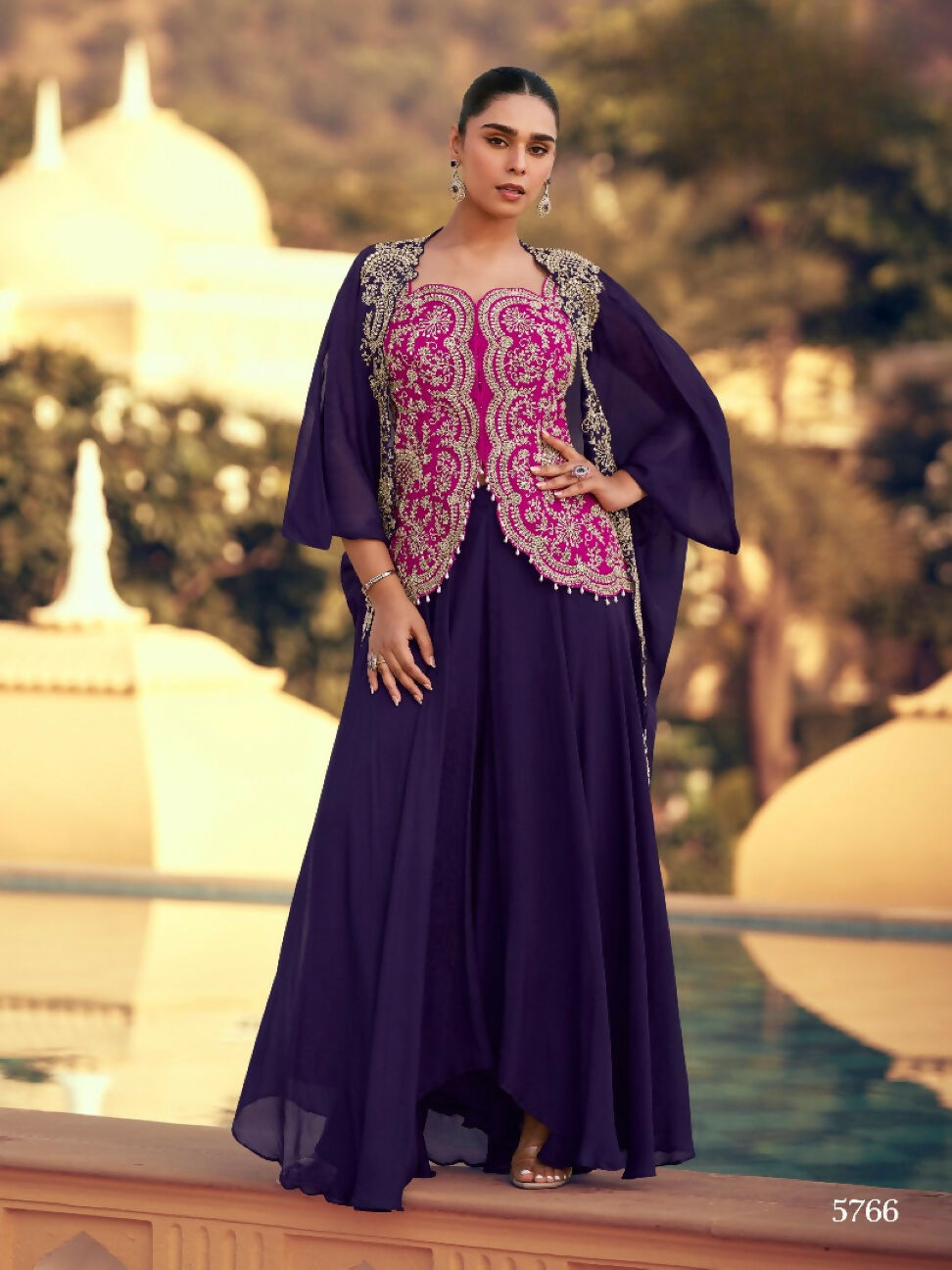 Anaita violet Chinon Readymade Shrug Suit with Heavy Embroidery Work