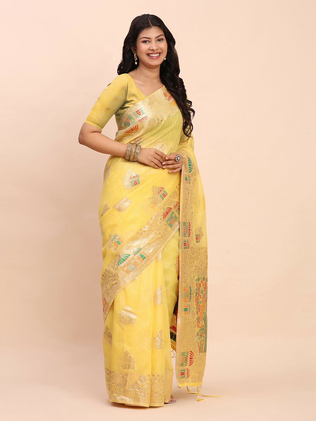 Shree Shyam Fashion Linen Cotton Yellow Saree