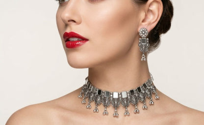 Jewel City Oxidized Silver Mirror Choker Set, Ethnic Jewelry