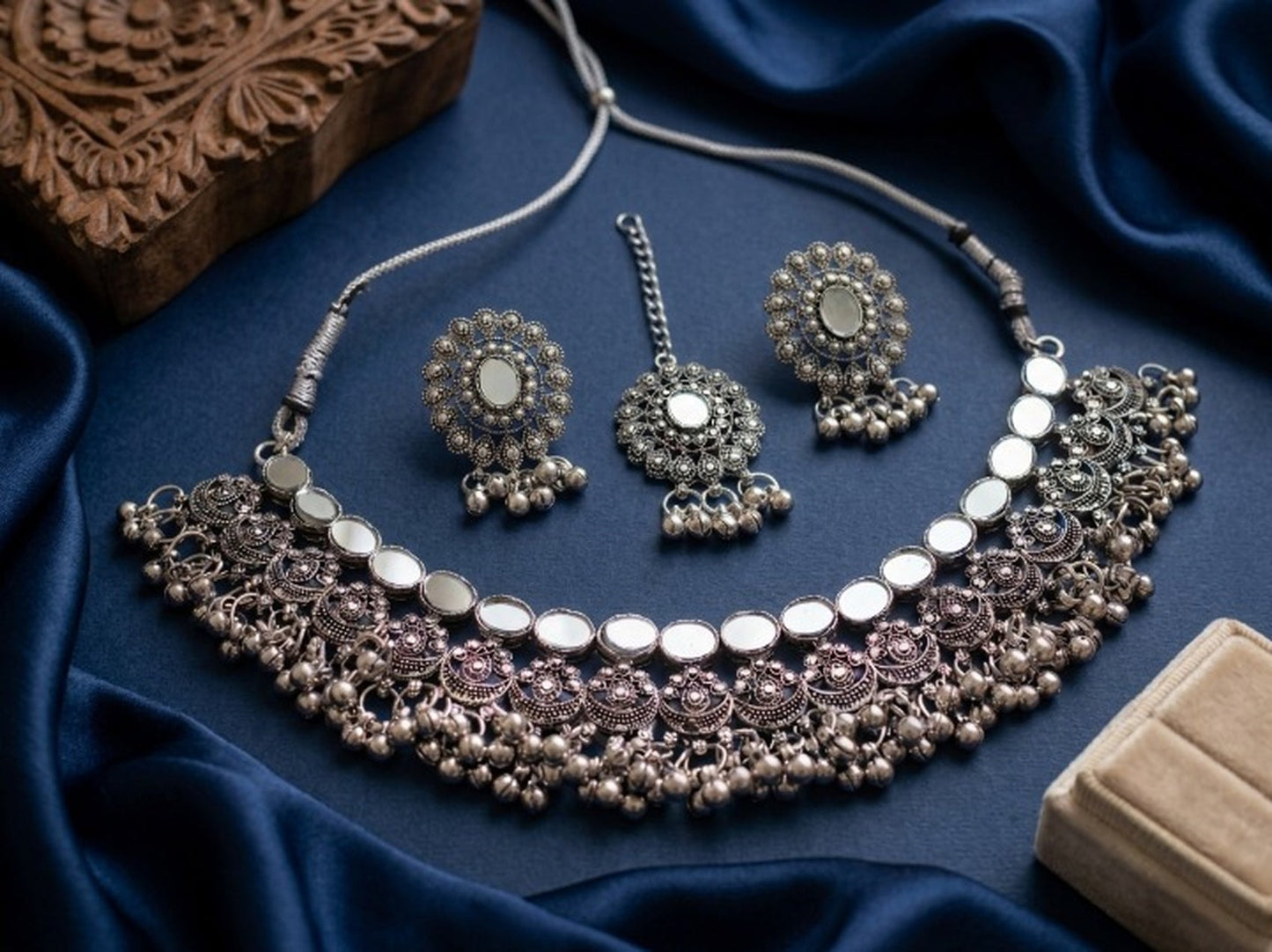 Jewel City Oxidized Silver Mirror Choker Set, Traditional Ethnic Indian Jewelry