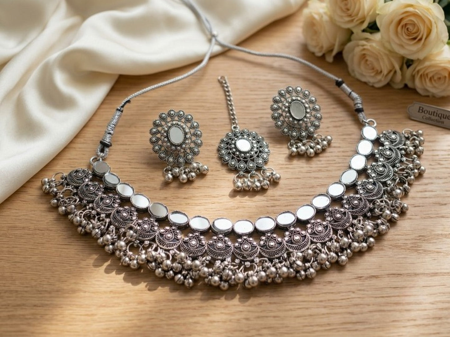 Jewel City Oxidized Silver Mirror Choker Set, Traditional Ethnic Indian Jewelry