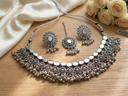 Jewel City Oxidized Silver Mirror Choker Set, Traditional Ethnic Indian Jewelry