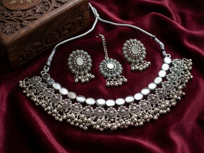 Jewel City Oxidized Silver Mirror Choker Set, Traditional Ethnic Indian Jewelry