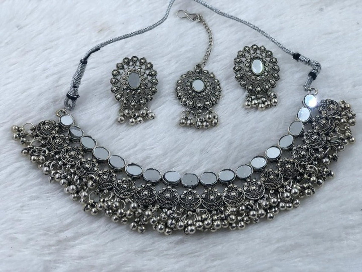 Jewel City Oxidized Silver Mirror Choker Set, Traditional Ethnic Indian Jewelry