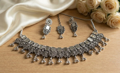 Jewel City Oxidized Silver Mirror Choker Set, Ethnic Jewelry