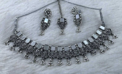 Jewel City Oxidized Silver Mirror Choker Set, Ethnic Jewelry