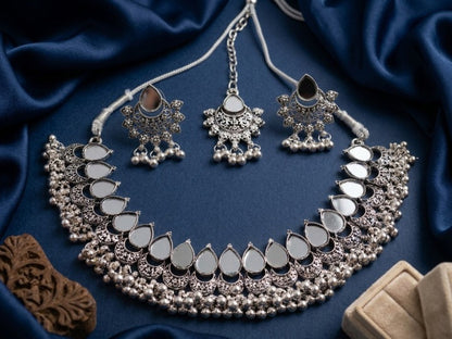 Jewel City Oxidized Silver Mirror Choker Set, Ethnic Indian Jewelry