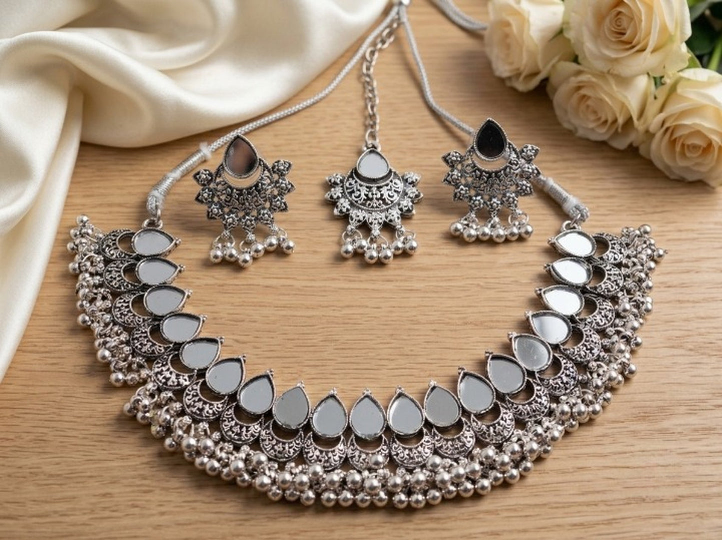 Jewel City Oxidized Silver Mirror Choker Set, Ethnic Indian Jewelry