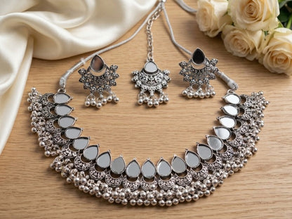 Jewel City Oxidized Silver Mirror Choker Set, Ethnic Indian Jewelry