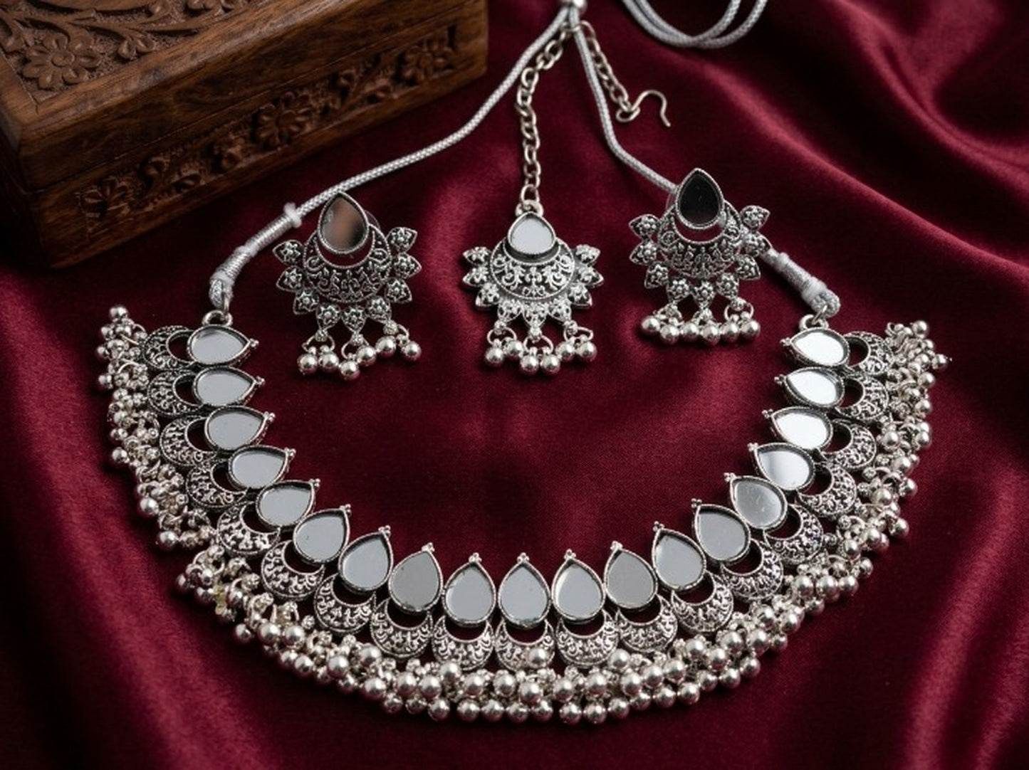 Jewel City Oxidized Silver Mirror Choker Set, Ethnic Indian Jewelry