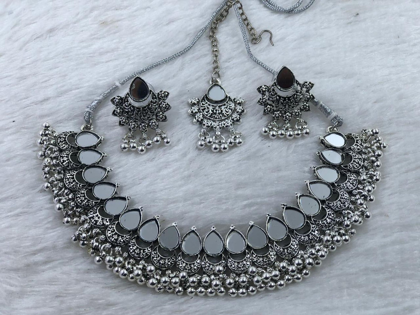 Jewel City Oxidized Silver Mirror Choker Set, Ethnic Indian Jewelry