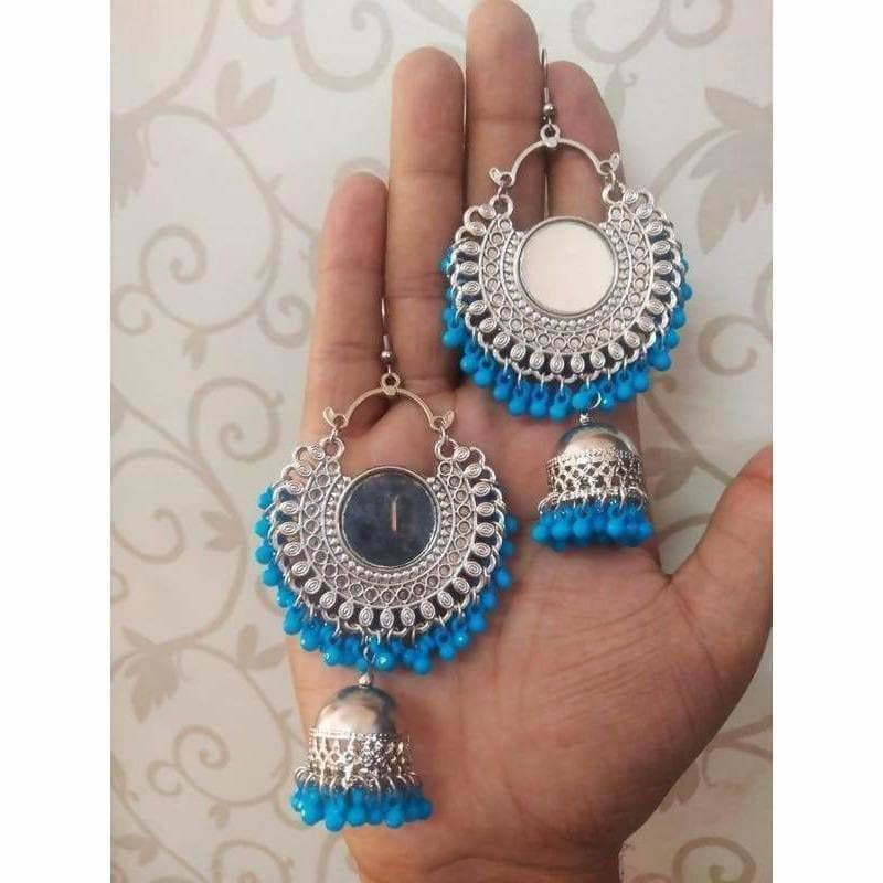 MS Fashion India Chandbali Mirror Design Earrings With Blue Color Pearls And Jhumka Hangings