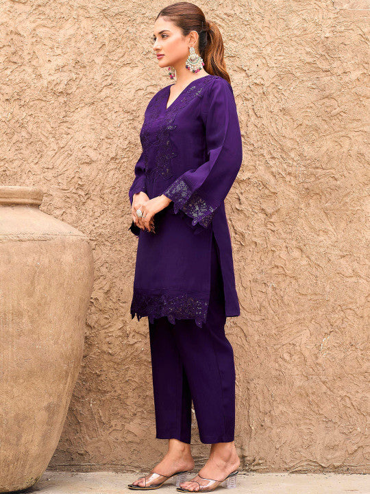 Tikhi Imli Embellished Sequinned V-Neck Tunic With Trousers