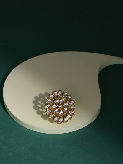 Gold-Polished White Kundan-Studded Adjustable Finger Ring - Ruby Raang