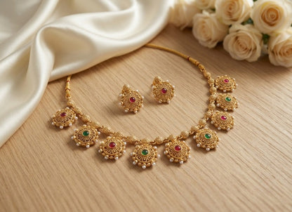Jewel City Gold Plated Temple Jewelry Set|Red & Green Stone Choker Set