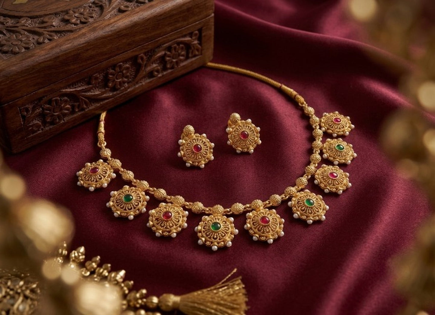 Jewel City Gold Plated Temple Jewelry Set|Red & Green Stone Choker Set