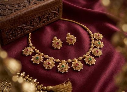 Jewel City Gold Plated Temple Jewelry Set|Red & Green Stone Choker Set