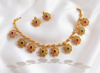 Jewel City Gold Plated Temple Jewelry Set|Red & Green Stone Choker Set