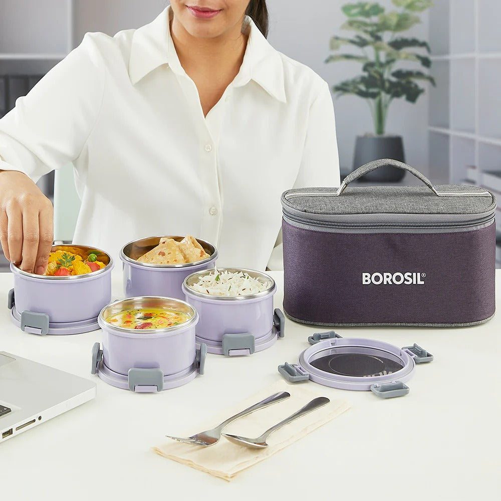Borosil Glory Lavender Lunchbox Set of 4