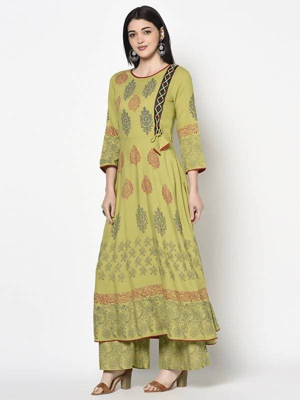 Aniyah Rayon Parrot Green Color Block Print Anarkali Palazzo Set (AN-194K)