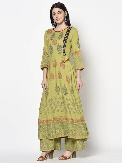 Aniyah Rayon Parrot Green Color Block Print Anarkali Palazzo Set (AN-194K)