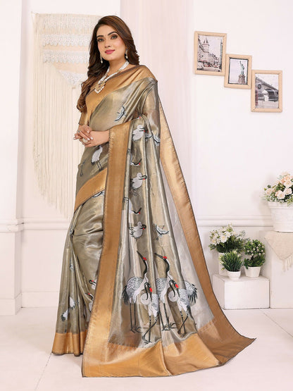 Joban Fashion Golden Cranes Patterns Banarasi Silk Sarees