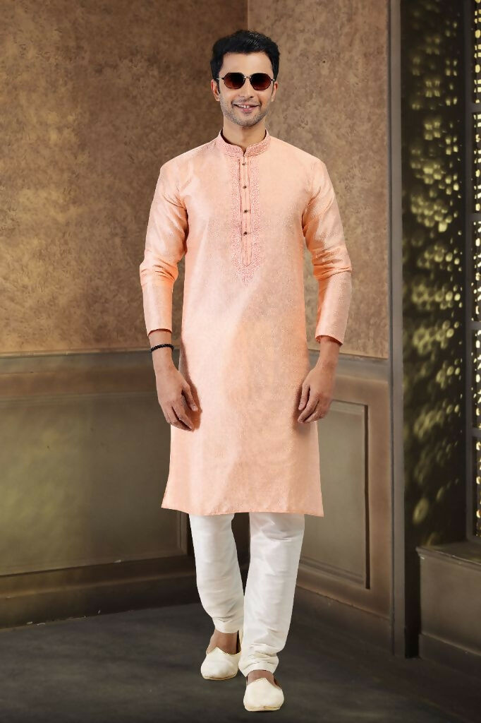 Raivat Ethnic Jacquard Banarasi Silk Thread Work Kurta Pajama In Peach Colour