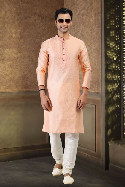 Raivat Ethnic Jacquard Banarasi Silk Thread Work Kurta Pajama In Peach Colour
