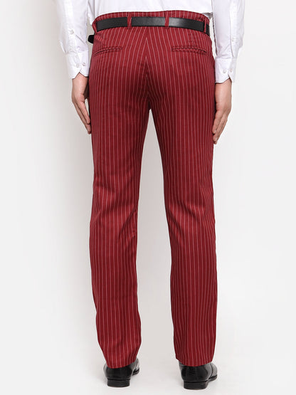 Jainish Men's Red Cotton Striped Formal Trousers ( FGP 255Maroon )