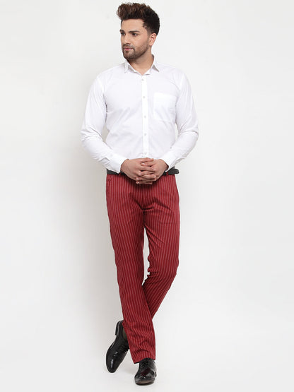 Jainish Men's Red Cotton Striped Formal Trousers ( FGP 255Maroon )