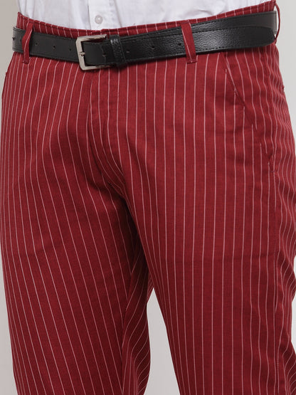 Jainish Men's Red Cotton Striped Formal Trousers ( FGP 255Maroon )