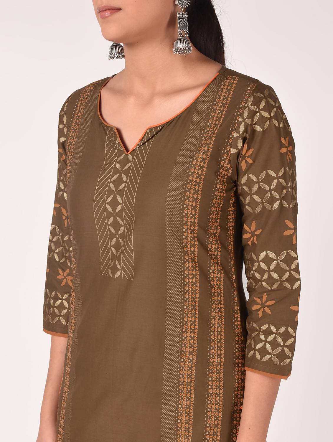 Cheera Hand Block Print Earth Brown & Yellow Straight Kurta With Palazzo (MAAI-086K)