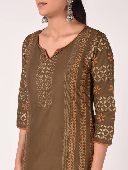 Cheera Hand Block Print Earth Brown & Yellow Straight Kurta With Palazzo (MAAI-086K)