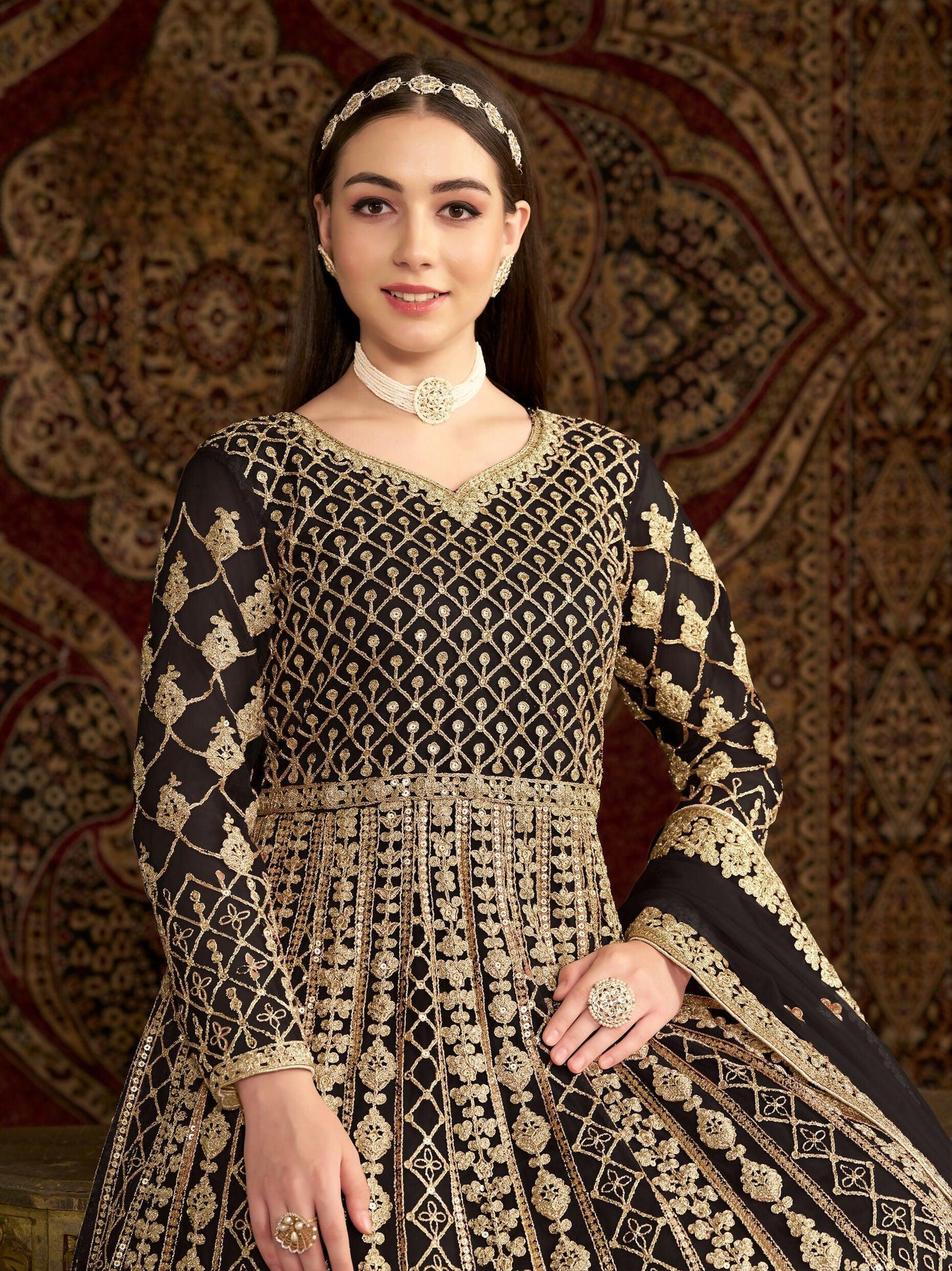 Anaita Black Embroidered Net Stitched Anarkali Suit