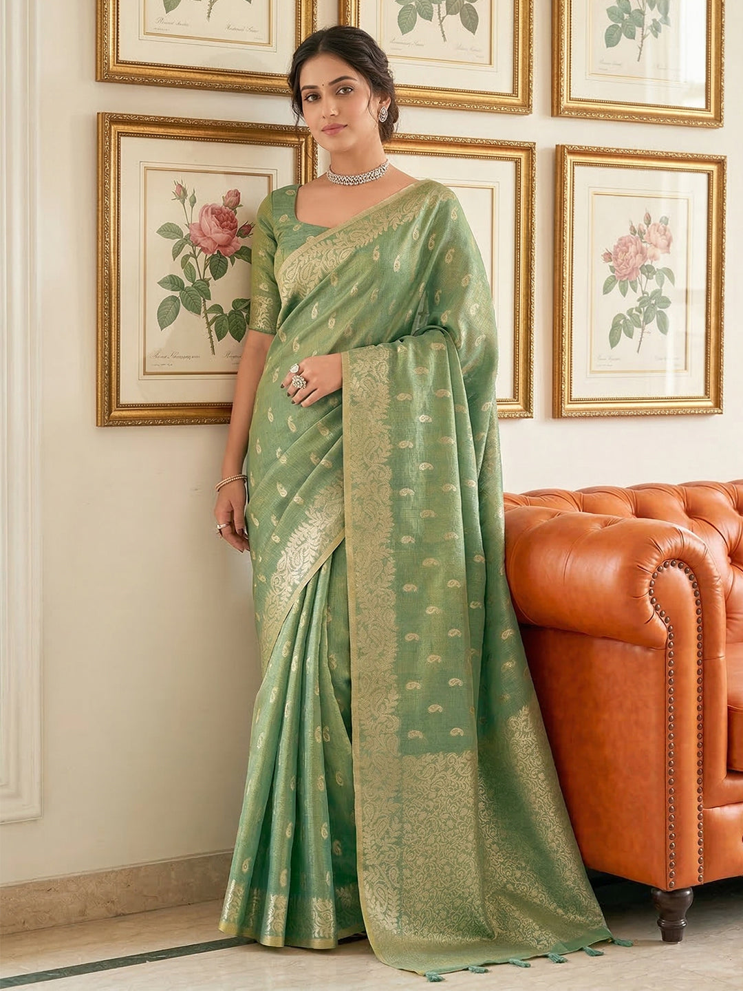 Anaita Green Woven Tissue Silk Saree With Blouse