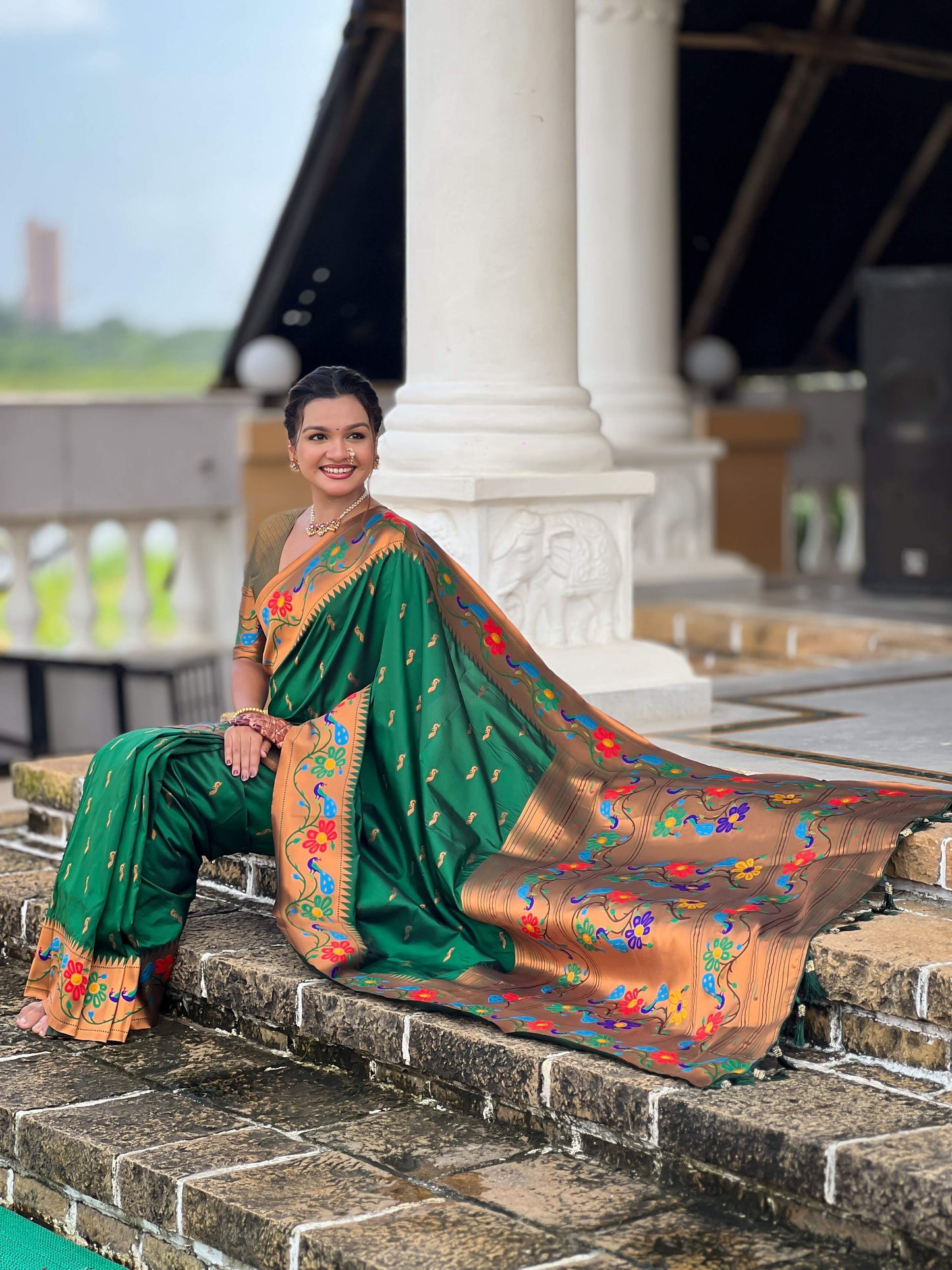 Mameraa Sarees Green Faux Banarasi Silk Saree With Paithani Rich Weaved Pallu And Blouse-Green