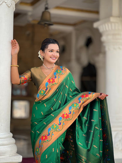 Mameraa Sarees Green Faux Banarasi Silk Saree With Paithani Rich Weaved Pallu And Blouse-Green