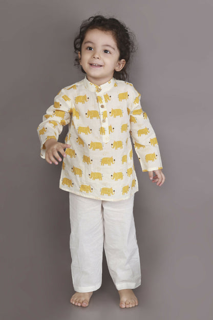 Breathables Kids Cotton Night Suit – Yellow Elephant Print Kurta & Pyjama Co-Ord Set For Boys & Girls